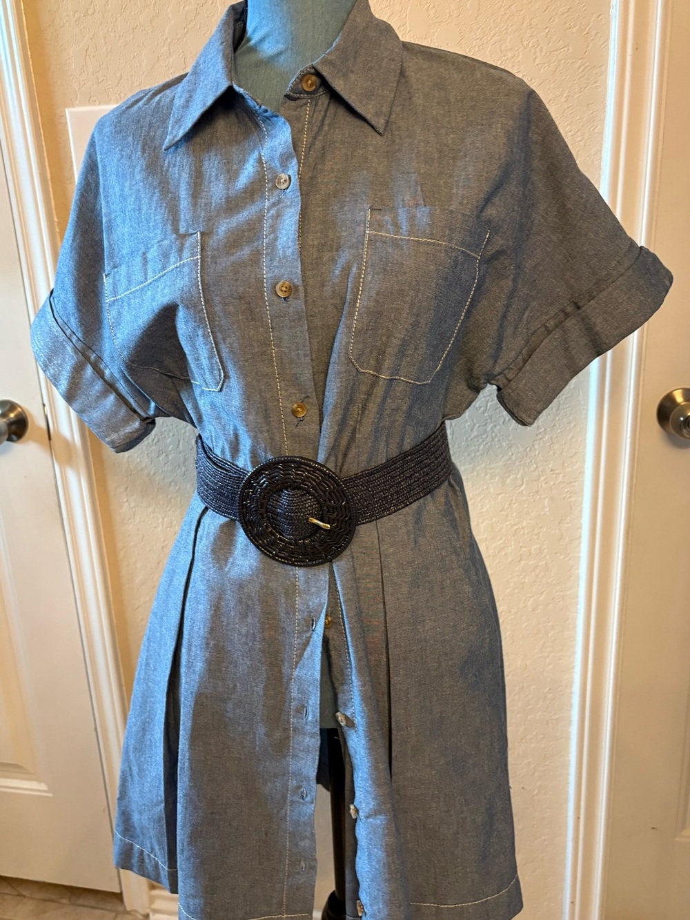 Banana Republic Blue Chambray Short-Sleeve Belted Midi Dress - Picture 7 of 9